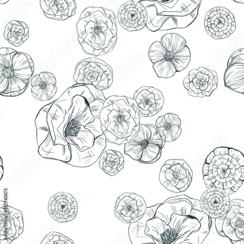 Patrón de flores sobre fondo blanco, rosas y flores de mocan 