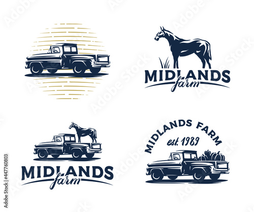 Farmer's market theme vintage style vector badges of an old school farm pickup truck with pumpkins and horse. Illustration for your sticker, logo, postcard, banner design.