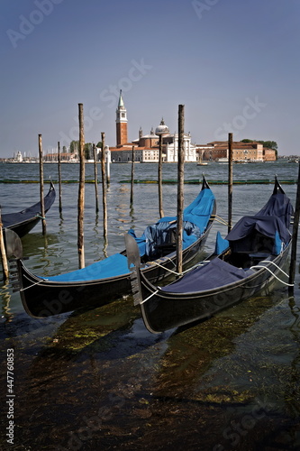 two gondolas in Venice with the Basilica of San Giorgio Maggiore in the background © dieterjaeschkephotos