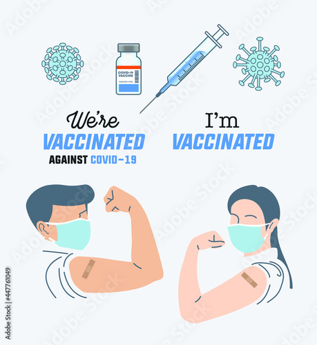 Vector elements set of covid-19 vaccinated concept, man woman with mask show arm with medicine plaster, vaccine bottle, syringe, virus symbol, slogan We're vaccinated against covid-19, I'm vaccinated 