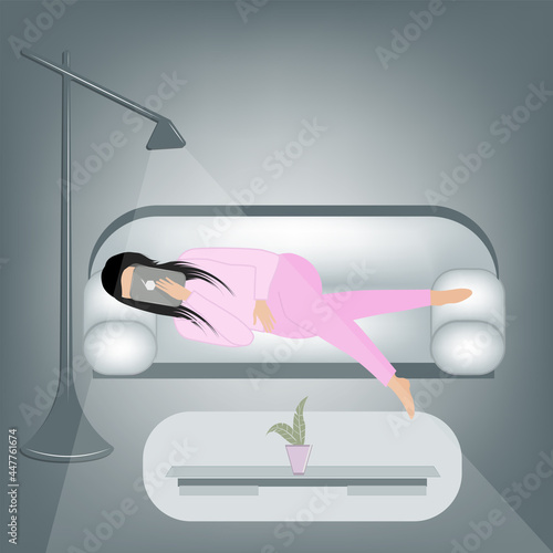 A girl in pajamas lies on the couch, a smartphone in her hand, a floor lamp - vector. Passing time at night, late in the evening. Internet addiction. Doom scroll.