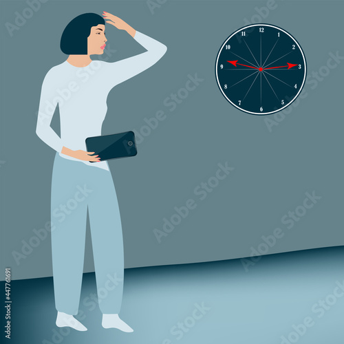 Girl in pajamas, surprised looks at the wall clock, smartphone in hand - vector. Passing time at night, late in the evening. Internet addiction. Doom scroll.