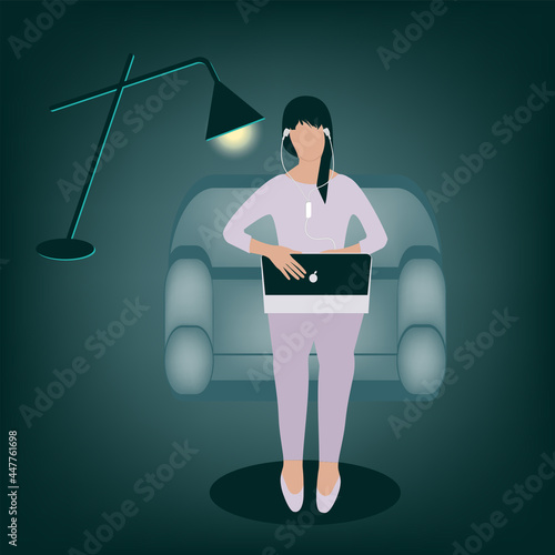 Girl in pajamas sits in a chair with laptop computer - vector. Passing time at night, late in the evening. Internet addiction. Doom scroll.