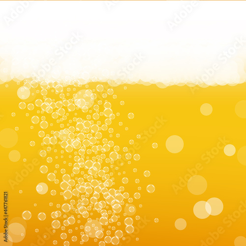 Craft beer background. Lager splash. Oktoberfest foam. Golden flyer concept. Bavarian pint of ale with realistic bubbles. Cool liquid drink for bar. Yellow cup for oktoberfest foam.