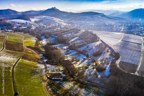 Panoramic aerial view of partly snowcovered vineyards, Baden Baden, Germany. photo