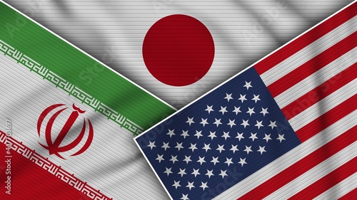 Japan United States of America Iran Flags Together Fabric Texture Effect Illustration