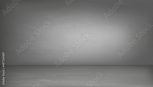 Empty Studion room with a grey wall mockup, Background Gray Cement texture of floor, Vector 3D Backdrop of Gray Concrete surface with cracked texture pattern. Banner for loft design concept.