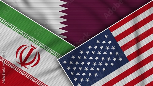 Qatar United States of America Iran Flags Together Fabric Texture Effect Illustration