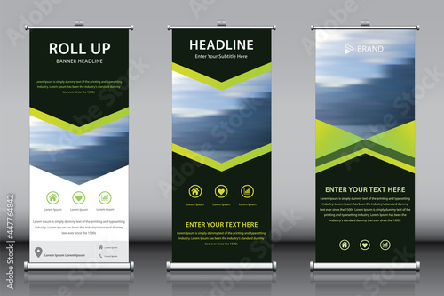 Roll up vertical standee banner design template vector with image and 3 titles. Yellow green black Information advertisement branding and street business flag exhibition banner. Editable color 3 in 1