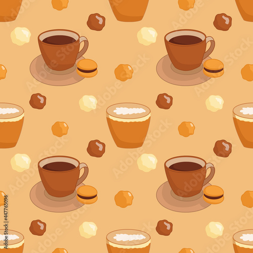 Cozy coffee seamless pattern on brown background. Vector illustration