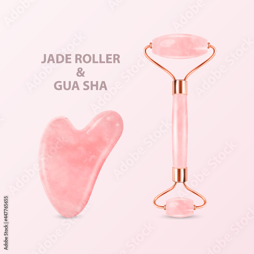 Vector 3d Realistic Jade Roller, Gua Sha Scraping Massage Tool Set. Natural Pink Rose Quartz Stone Scraper, Massager. Chinese Traditional Facial Lifting for Woman. Facial Acupoints