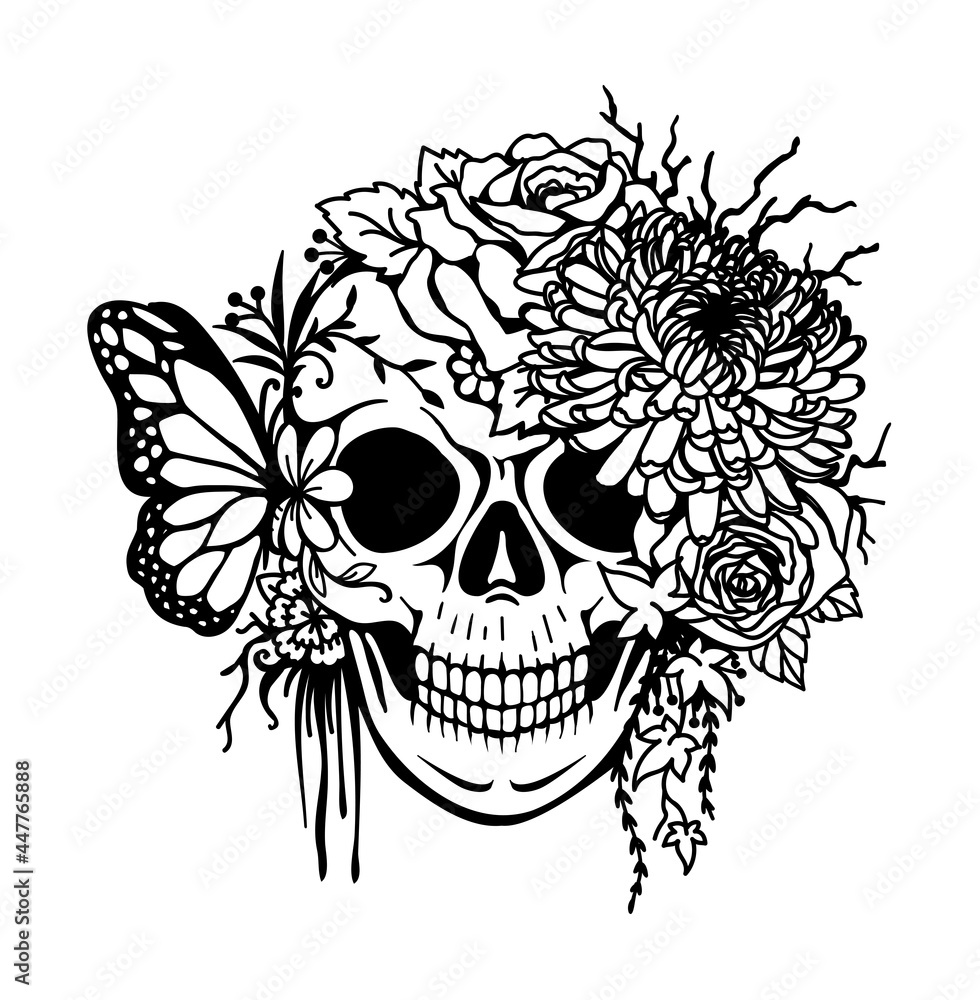 Fototapeta premium Skull with chrysanthemum,roses,leaf and butterfly for printing, engraving,coloring and so on. Vector illustration