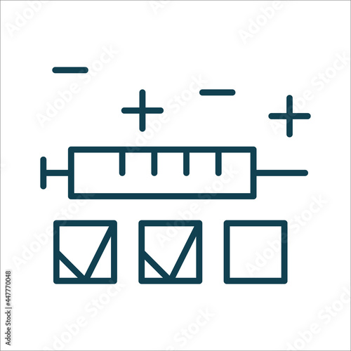 Syringe and three checkboxes icon. Vaccine components concept Editable stroke symbol. Vaccines against virus, vaccination sheldule, anti vaccine, shield virus. Flu, hepatitis, measles covid prevention