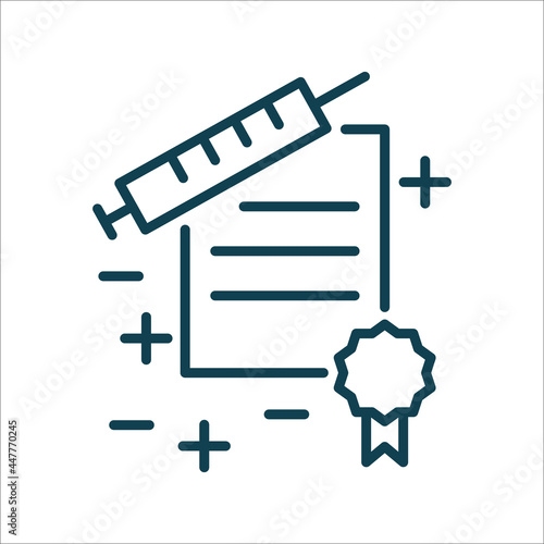 Vaccine certificate reliability icon. Paper and syringe. Editable stroke symbol. Vaccines against virus, vaccination sheldule, anti vaccine, shield virus. Flu, hepatitis, measles covid prevention