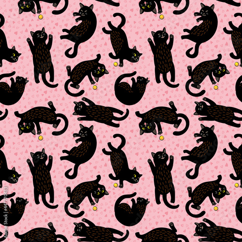 Seamless vector pattern with black cute kittens and hearts on a pink background. The cat is playing with a yellow ball, sleeping, lying belly up, smiling. A sly little prankster. Love for cats