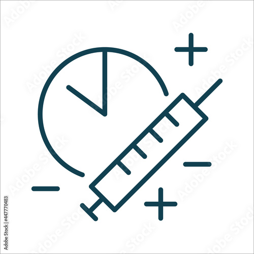 Syringe and clock icon isolated. Editable stroke symbol. Vaccines against virus, vaccination sheldule, anti vaccine, shield virus. Flu, hepatitis, measles covid prevention