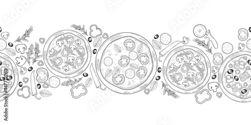 Seamless pizza baner in engraved sketch style. Hand draw vector illustration isolated on white background