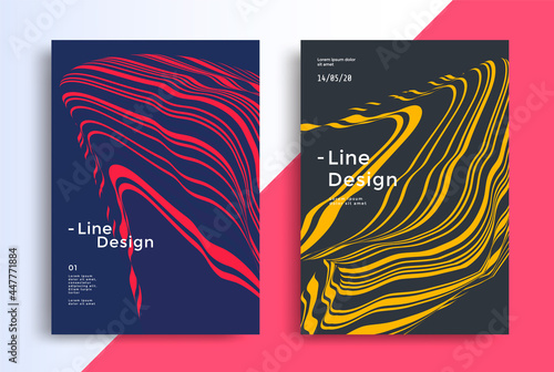 Duotone wavy line compositions. Red and blue fluid wave. Striped flow background design for the cover, flyer.