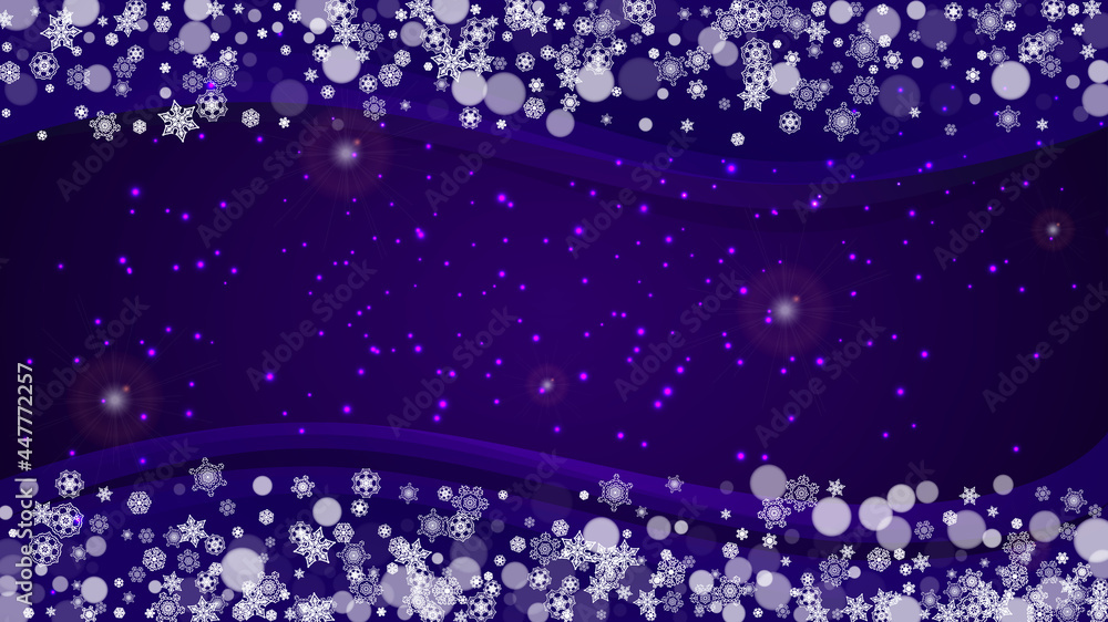 Obraz premium Xmas theme sales with ultra violet snowflakes. New Year backdrop. Snow frame for flyer, gift card, party invite, retail offer and ad. Christmas trendy background. Holiday frosty banner for xmas theme