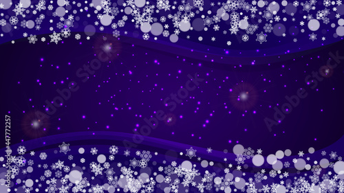 Xmas theme sales with ultra violet snowflakes. New Year backdrop. Snow frame for flyer, gift card, party invite, retail offer and ad. Christmas trendy background. Holiday frosty banner for xmas theme