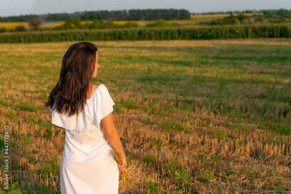 Young woman in summer field under sunrise light. Happy woman enjoying sunny day in field. Summer vacation Young woman in summer field under sunrise light. Happy woman enjoying sunny day in field. Summer vacation