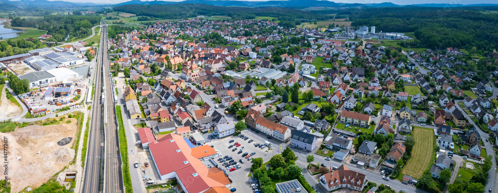 Aerial view of the city Zapfendorf in Germany, Bavaria on a sunny spring day