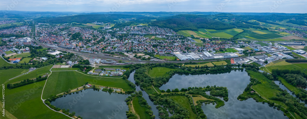 Aerial view around the city Lichtenfels in Germany, Bavaria. On a sunny day in spring.