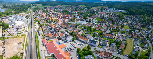Aerial view of the city Zapfendorf in Germany, Bavaria on a sunny spring day