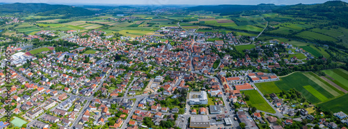Aerial view of the city Bad Staffelstein in Germany, on a cloudy day in spring.