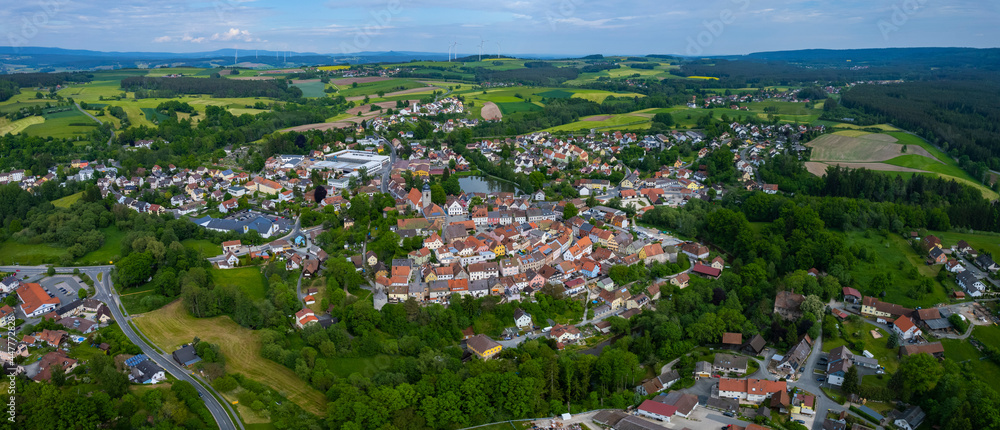 Aerial view of the city Creußen in Germany in Bavaria on a sunny day in summer.