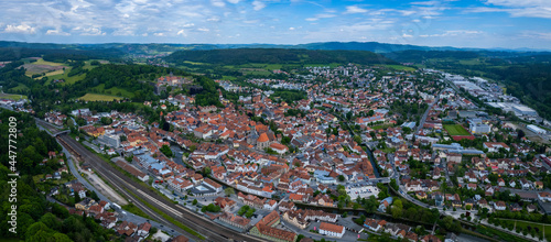 Aerial view around the city Kronach in Germany on a sunny day in spring.
