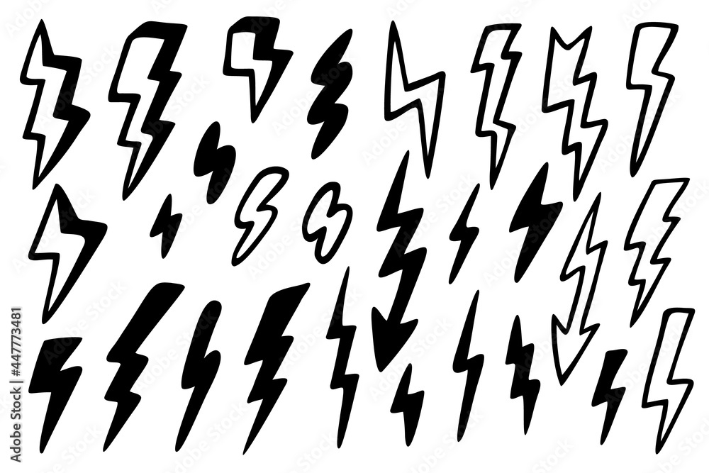 Vector doodle set of different lightnings. Hand drawn elements isolated on white background. Vector doodle set of different lightnings. Hand drawn elements isolated on white background.