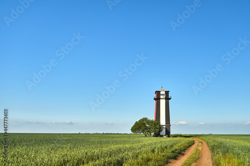 Schilderij op canvas Black and white lighthouse in a wheat green field