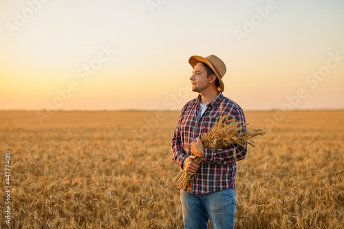 Satisfied young farmer with a bunch of ripe wheat