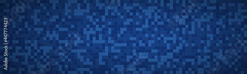 Geometric abstract square header. Blue mosaic look modern vector texture banner. Pixel pattern. Simple metallic illustration background