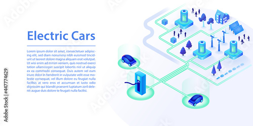 Electric car concept as wide web banner. 3d isometric vector infographic of electric car infrastructure including charging station, solar energy and wind energy power plant.