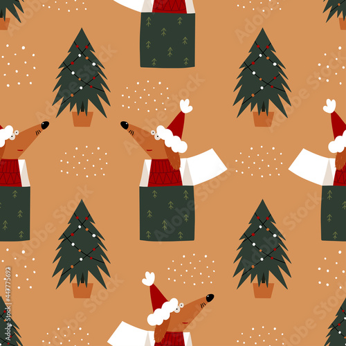 New Year's decor with dogs. Seamless pattern with funny dogs. Christmas design for wrapping paper, fabrics, covers and cards.
