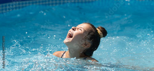 Chill in pool will make you happy. Happy child enjoy sunny day in pool. Summer vacation