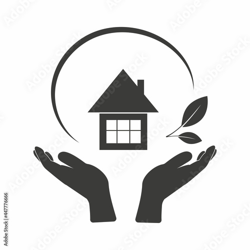 Home with hands and leaves, icon house care silhouette isolated on white background. Vector illustration