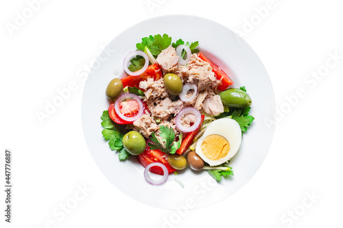 tuna salad vegetable seafood tomato, olives canned tuna fish plate on the table, healthy meal copy space food background top view keto or paleo diet veggie pescetarian diet