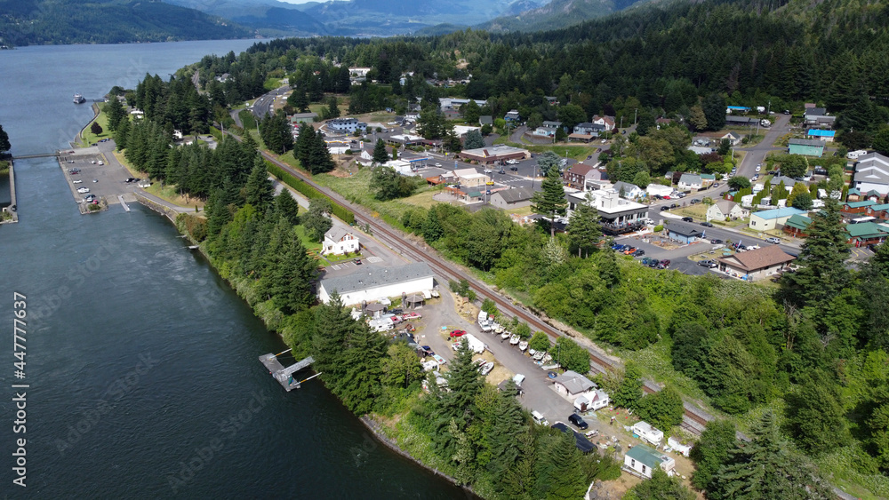 Aerial view of Cascade Locks, Oregon along the Columbia River