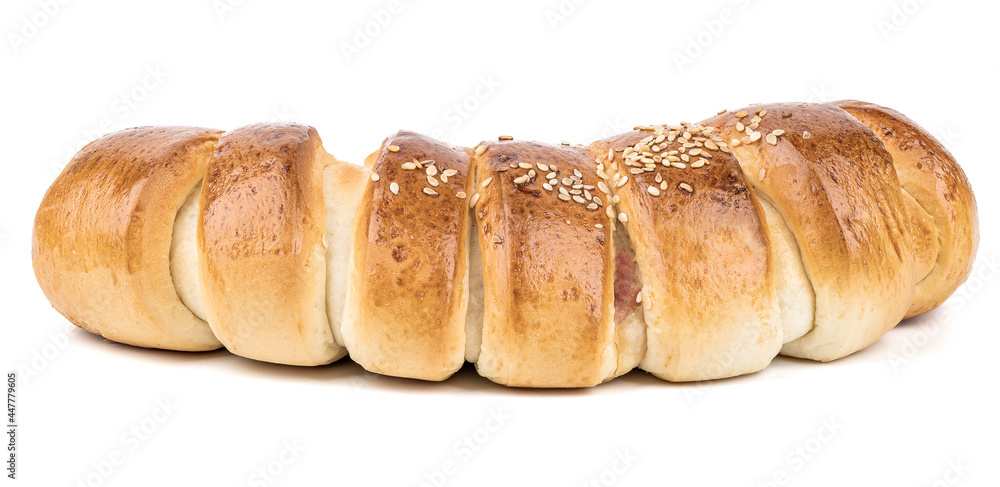 rolled cheese and ham bun isolated on white background. bakery cut out