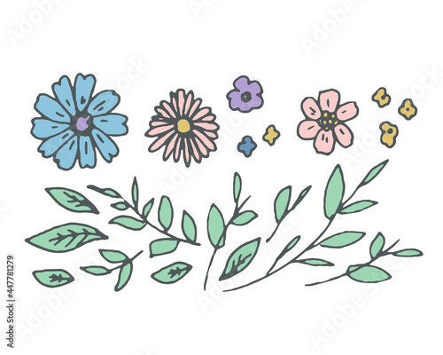 手書きタッチの草木。マーガレットとガーベラのイラスト。草木と花のバラバラパーツセット。
