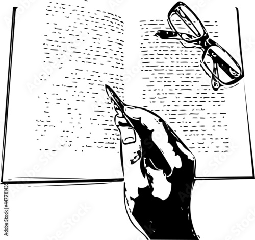 Vector illustration of a hand reading and taking notes with a pencil and glasses lying aside