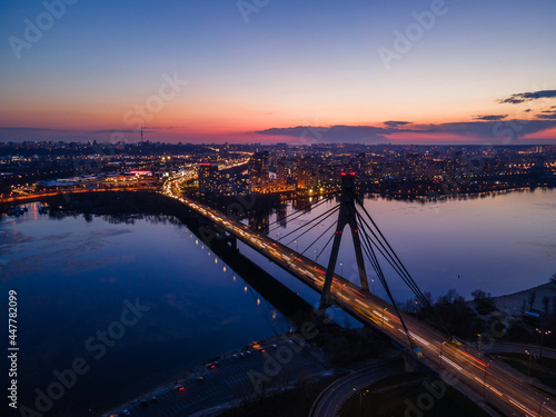 Aerial view from drone cable-stayed bridge at night