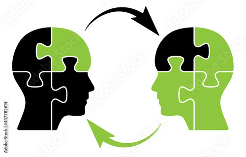 Human heads with puzzle pieces and arrows sharing information. Brainstorm concept vector illustration with black and green puzzle pieces. Information sharing, teamwork, solution, idea concept design.