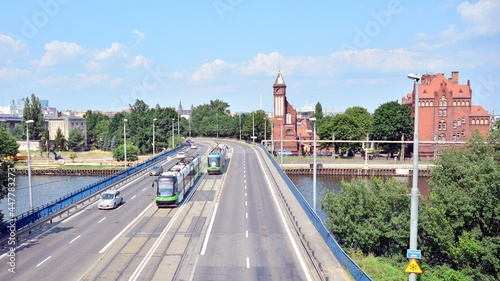Photography View of river and industrials buildings of harbor.