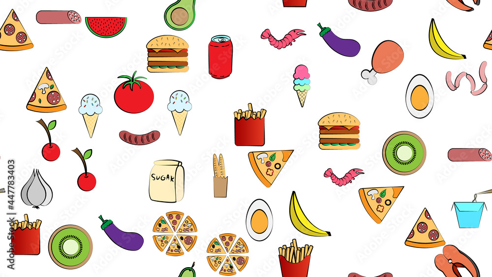Endless white seamless pattern of delicious food and snack items icons set for restaurant bar cafe: ice cream, burger, pizza, sausage, drink, egg, tomato, garlic, mango, watermelon. The background
