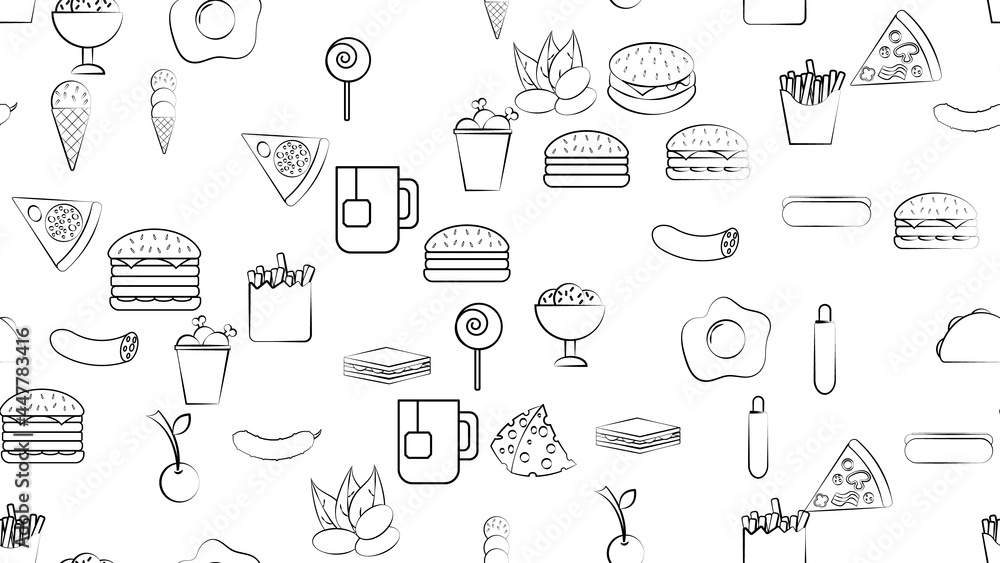 Black and white endless seamless pattern of food and snack items icons set for restaurant bar cafe: burger, nuts, egg, sausage, ice cream, pizza, burrito, candy, tea. The background