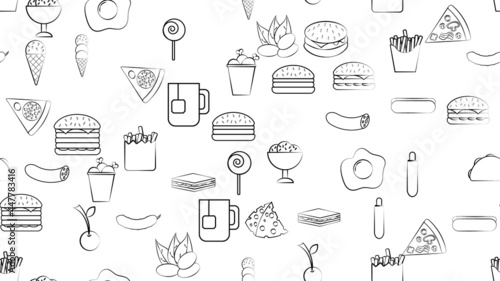 Black and white endless seamless pattern of food and snack items icons set for restaurant bar cafe  burger  nuts  egg  sausage  ice cream  pizza  burrito  candy  tea. The background